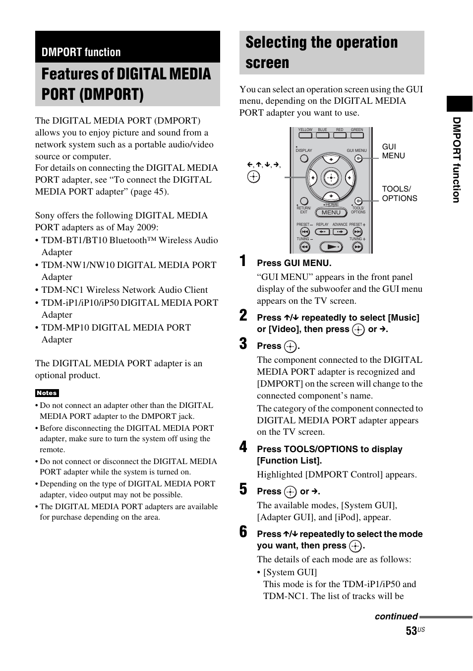 Dmport function, Features of digital media port (dmport), Selecting the operation screen | Features of digital media port, Dmport) | Sony HT-CT500 User Manual | Page 53 / 340
