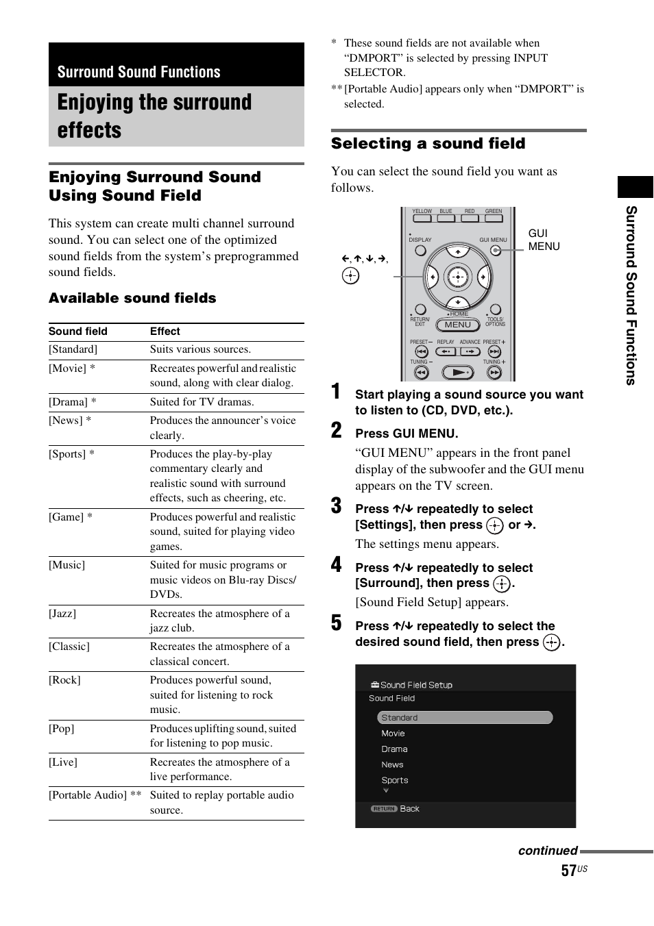 Surround sound functions, Enjoying the surround effects, Enjoying surround sound using sound field | Selecting a sound field, Surr ound sound fun ction s, Available sound fields | Sony HT-CT500 User Manual | Page 57 / 340