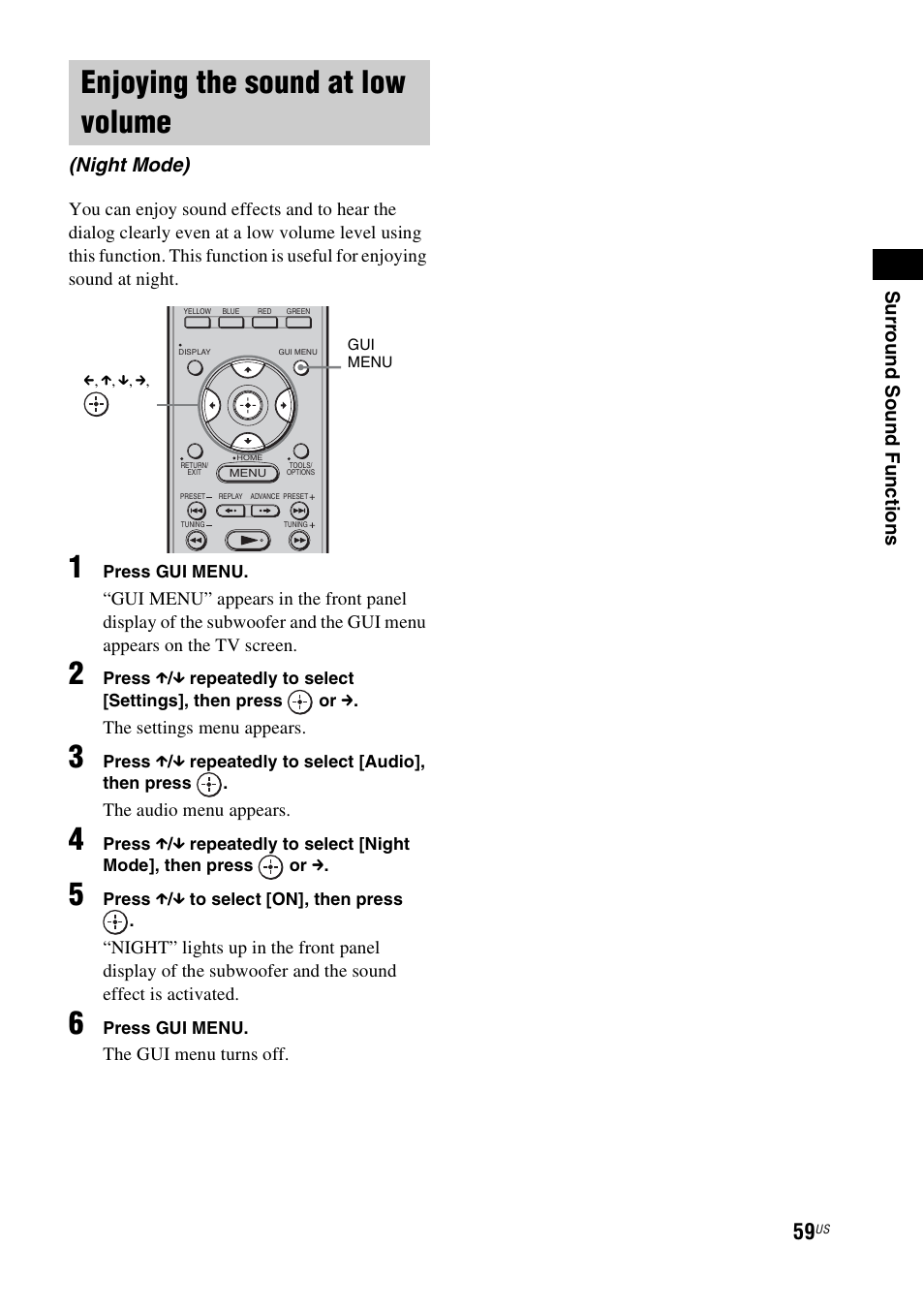 Enjoying the sound at low volume, Night mode), Surr ound sound fun ction s | Sony HT-CT500 User Manual | Page 59 / 340