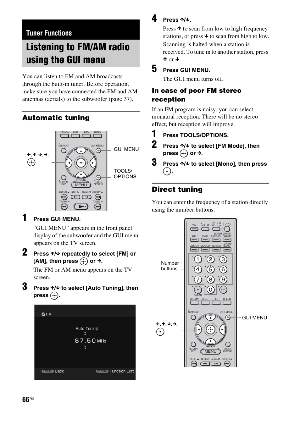 Tuner functions, Listening to fm/am radio using the gui menu, Listening to fm/am radio using the gui | Menu, Automatic tuning, Direct tuning, The fm or am menu appears on the tv screen, The gui menu turns off | Sony HT-CT500 User Manual | Page 66 / 340