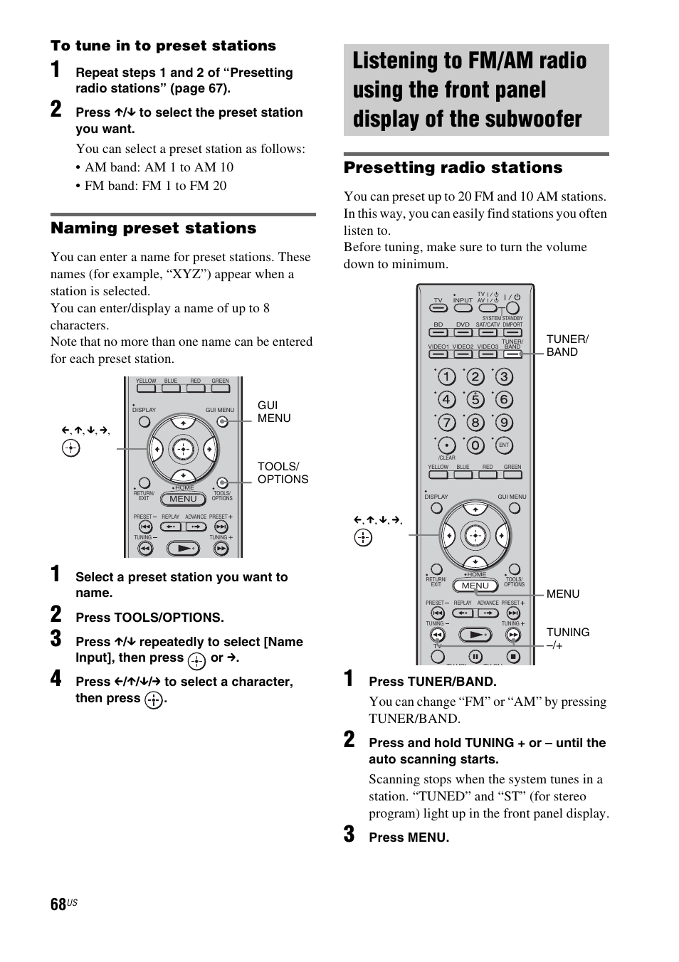 Listening to fm/am radio using the front, Panel display of the subwoofer, D (68) | Naming preset stations, Presetting radio stations, You can change “fm” or “am” by pressing tuner/band | Sony HT-CT500 User Manual | Page 68 / 340