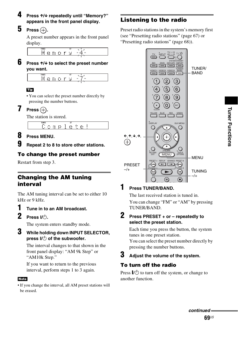 Changing the am tuning interval, Listening to the radio, Tuner f unc tions | Sony HT-CT500 User Manual | Page 69 / 340