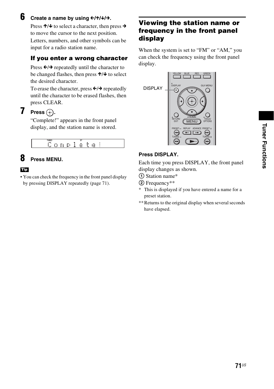 Tuner f unc tions, If you enter a wrong character | Sony HT-CT500 User Manual | Page 71 / 340