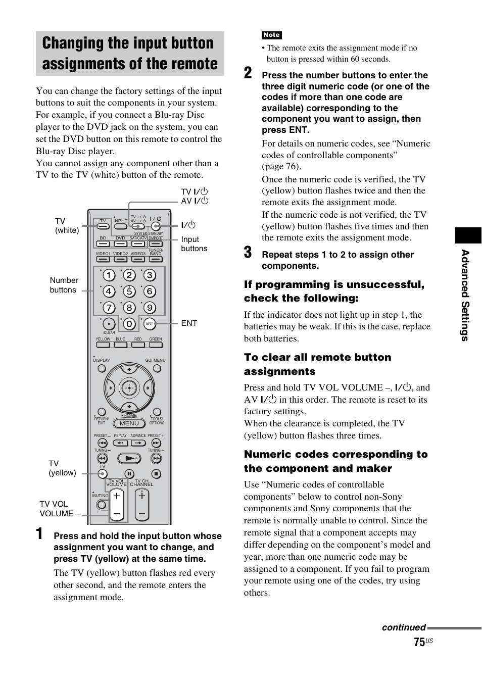 Changing the input button assignments of, The remote, Ad v a nce d se ttings | Press and hold tv vol volume, And av | Sony HT-CT500 User Manual | Page 75 / 340