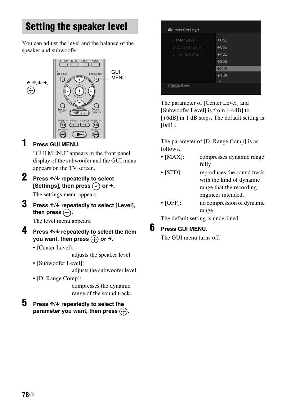 Setting the speaker level | Sony HT-CT500 User Manual | Page 78 / 340