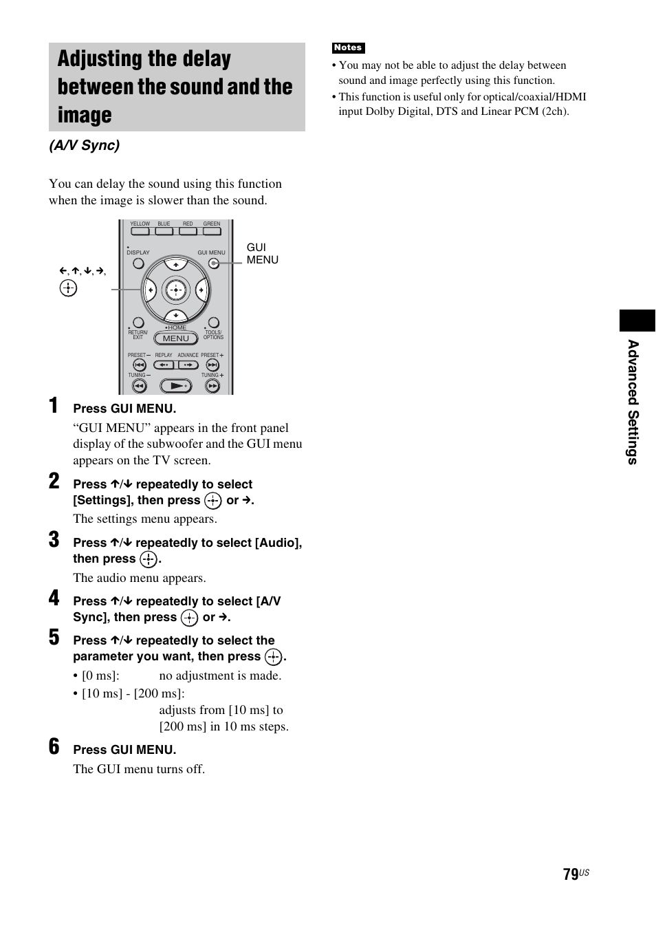 Adjusting the delay between the sound and, The image (a/v sync) | Sony HT-CT500 User Manual | Page 79 / 340