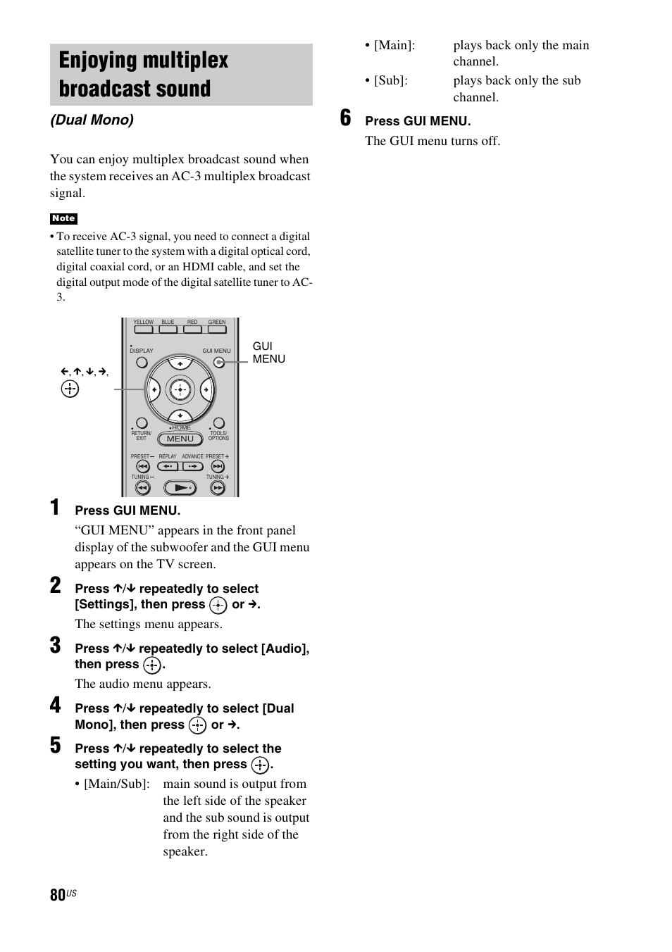 Enjoying multiplex broadcast sound, Dual mono) | Sony HT-CT500 User Manual | Page 80 / 340