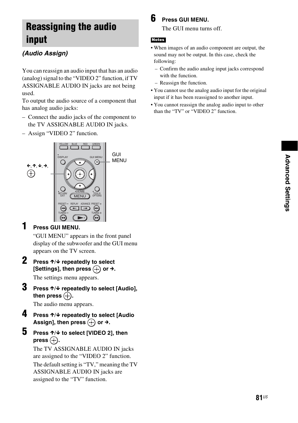 Reassigning the audio input, Audio assign) | Sony HT-CT500 User Manual | Page 81 / 340