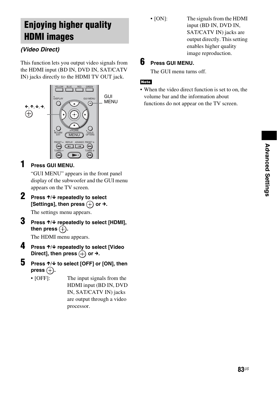 Enjoying higher quality hdmi images, Enjoying higher quality hdmi, Images (video direct) | Sony HT-CT500 User Manual | Page 83 / 340