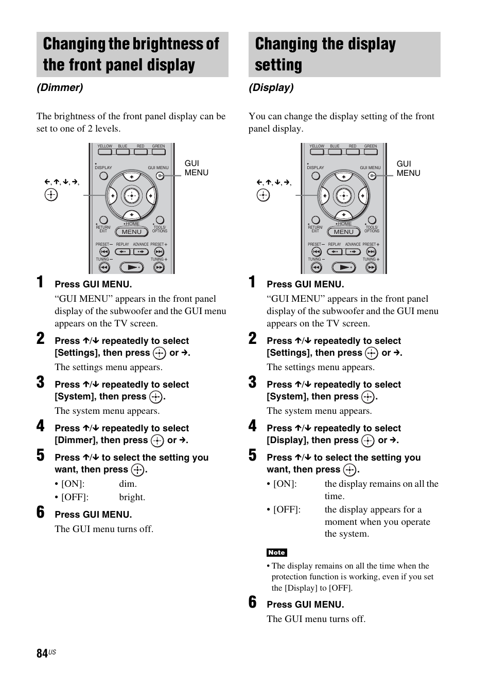 Changing the brightness of the front panel display, Changing the display setting, Changing the brightness of the front panel | Display (dimmer), Display), Dimmer) | Sony HT-CT500 User Manual | Page 84 / 340