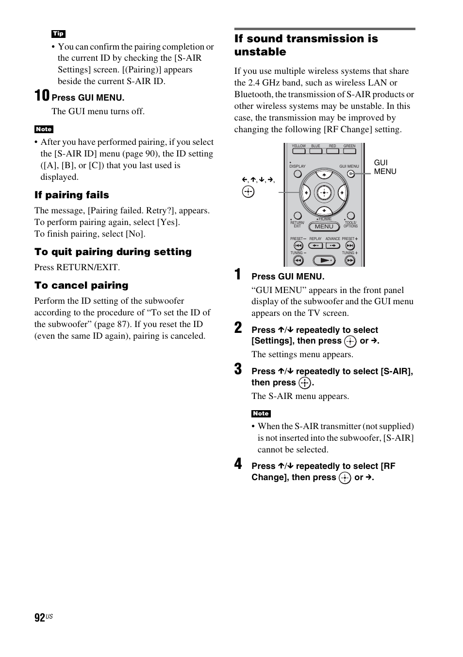 If sound transmission is unstable, If pairing fails | Sony HT-CT500 User Manual | Page 92 / 340