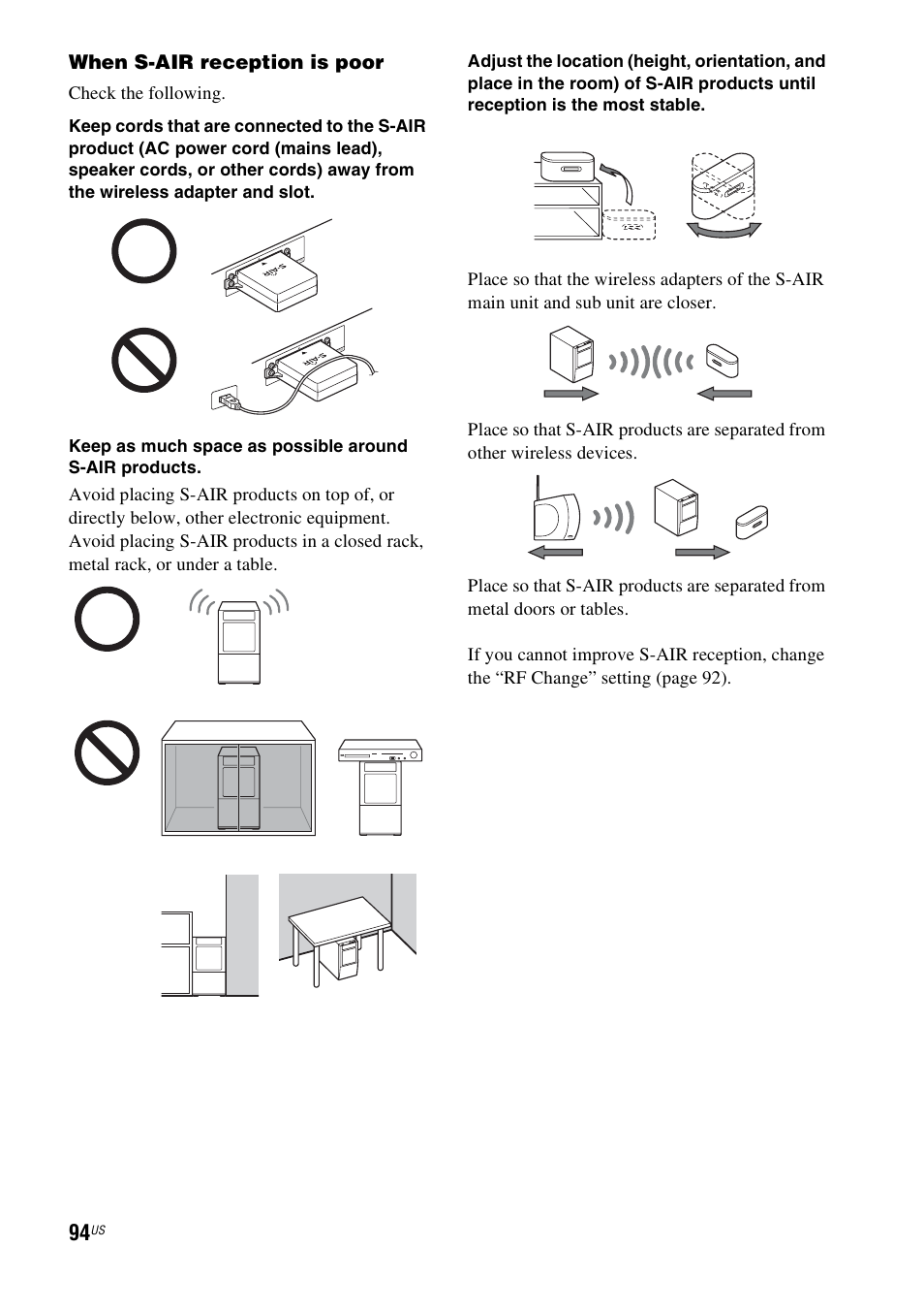 When s-air reception is poor, Check the following | Sony HT-CT500 User Manual | Page 94 / 340
