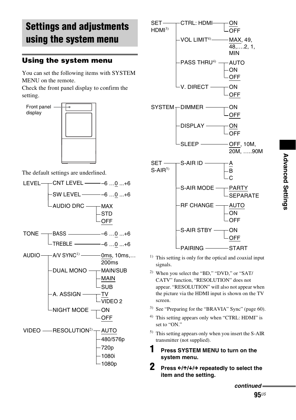 Settings and adjustments using the system menu, Settings and adjustments using the system, Menu | Using the system menu | Sony HT-CT500 User Manual | Page 95 / 340