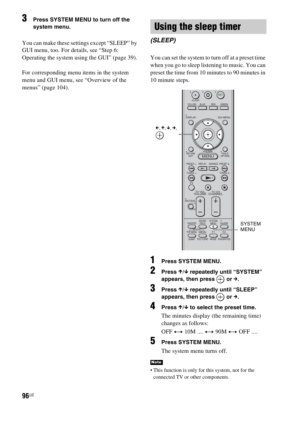 Using the sleep timer, Sleep), P (96) | The system menu turns off | Sony HT-CT500 User Manual | Page 96 / 340