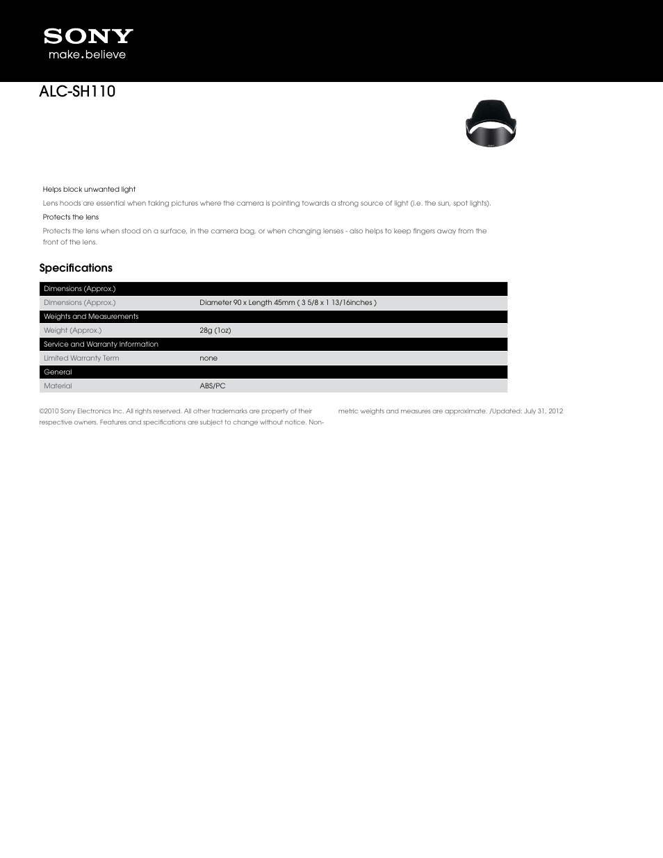 Sony ALC-SH110 User Manual | 1 page