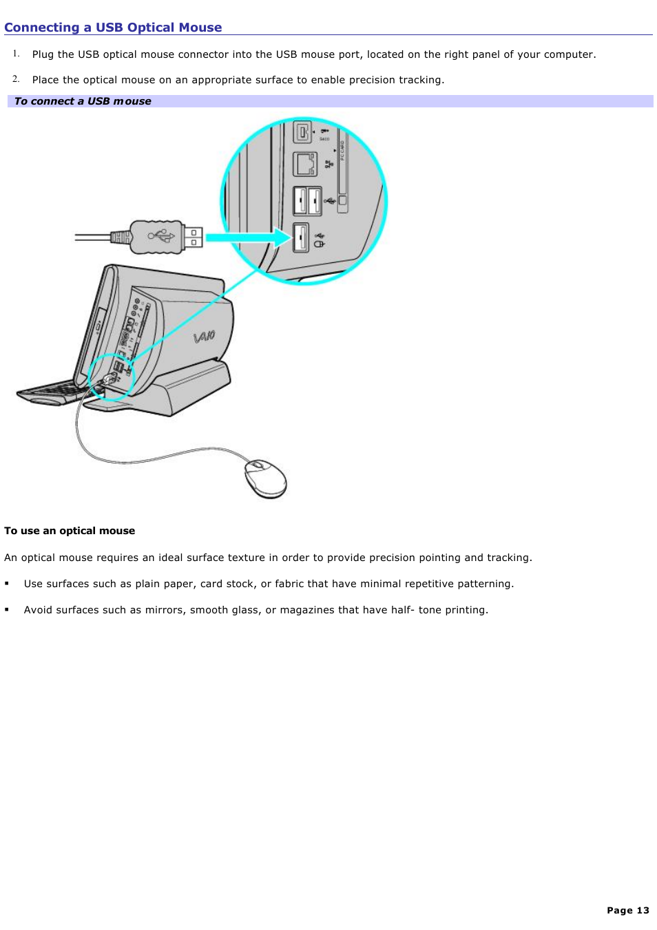 Connecting a usb optical mouse | Sony PCV-W30 User Manual | Page 13 / 74