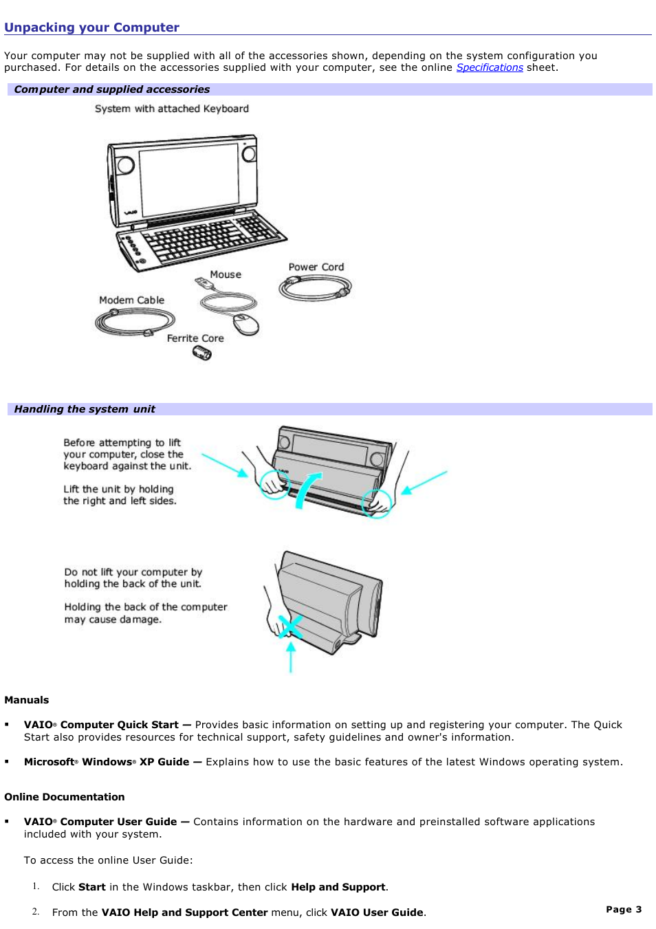 Unpacking your computer | Sony PCV-W30 User Manual | Page 3 / 74