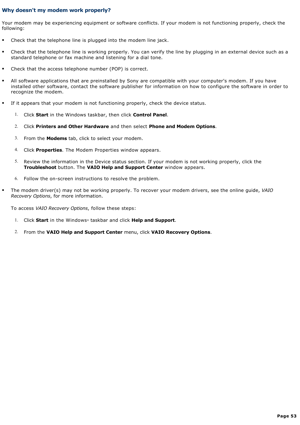 Why doesn't my modem work properly | Sony PCV-W30 User Manual | Page 53 / 74