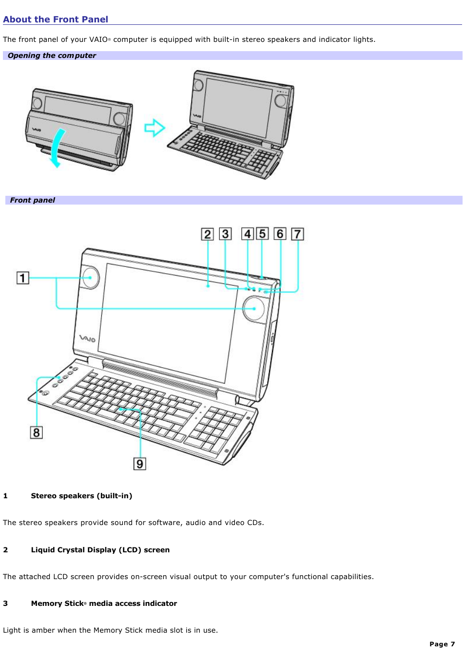 About the front panel | Sony PCV-W30 User Manual | Page 7 / 74