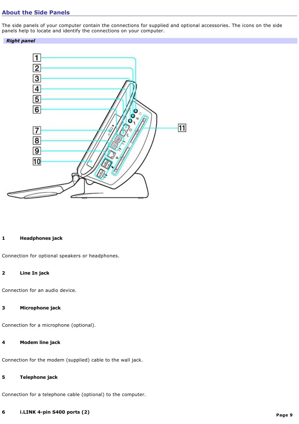 About the side panels | Sony PCV-W30 User Manual | Page 9 / 74