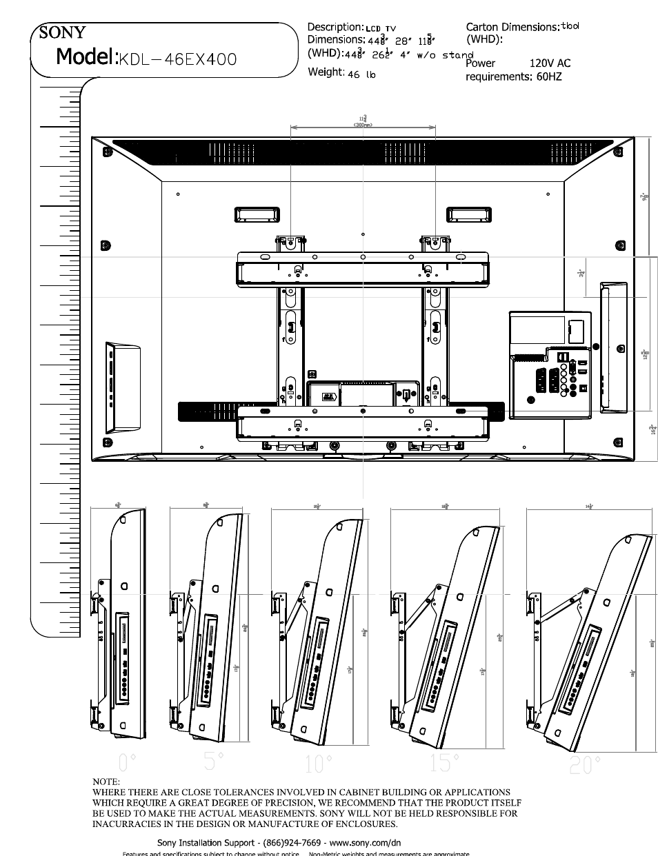 Model, 46ex4oo | Sony KDL-46EX400 User Manual | Page 2 / 3