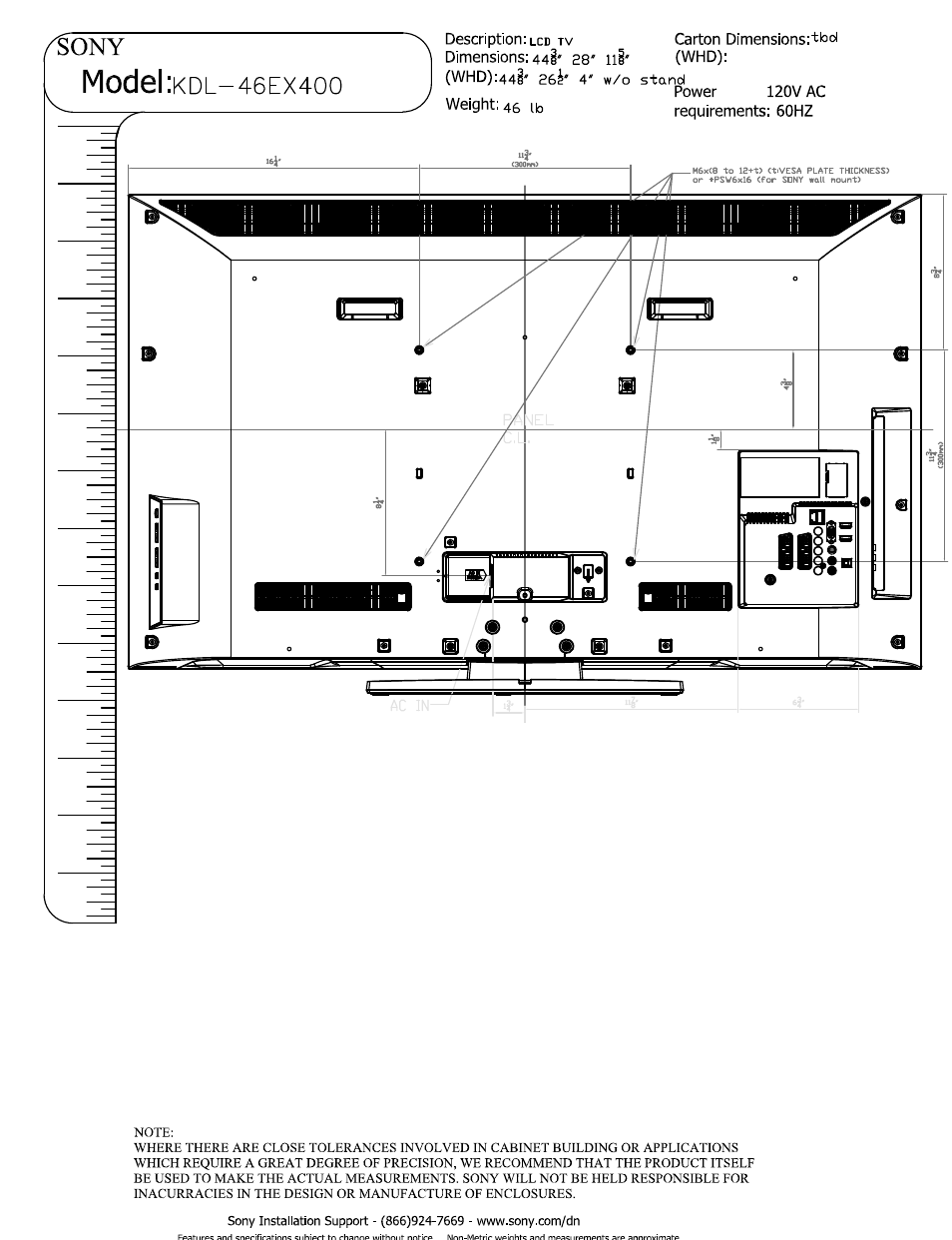 Model, 46ex4oo | Sony KDL-46EX400 User Manual | Page 3 / 3