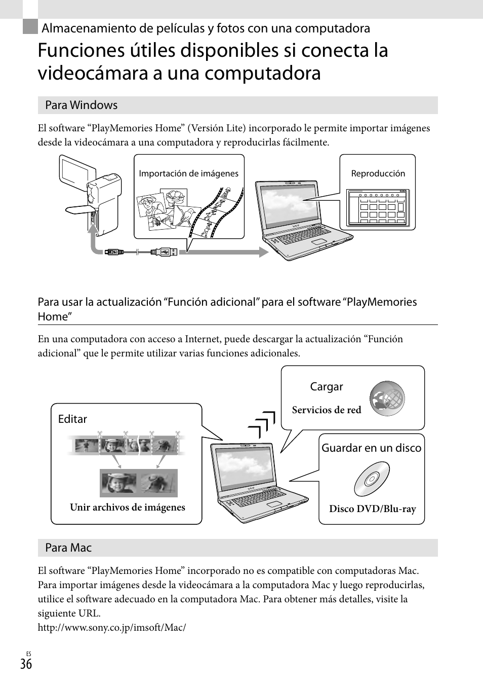 Para windows, Para mac, Almacenamiento de películas y fotos con una | Computadora, Para windows para mac | Sony HDR-GW77V User Manual | Page 100 / 199