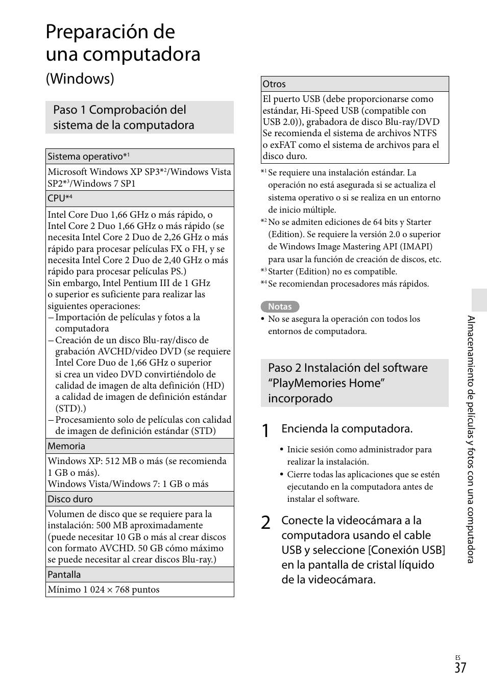 Preparación de una computadora (windows), Paso 1 comprobación del sistema de la computadora, Preparación de una computadora | Windows), Encienda la computadora | Sony HDR-GW77V User Manual | Page 101 / 199