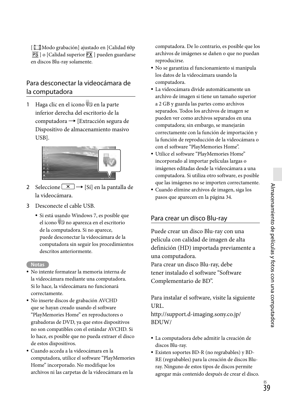 Para desconectar la videocámara de la computadora, Para crear un disco blu-ray | Sony HDR-GW77V User Manual | Page 103 / 199