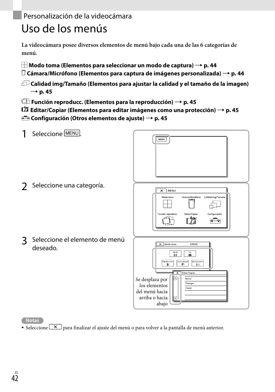 Personalización de la videocámara, Uso de los menús, N menu (42) | Sony HDR-GW77V User Manual | Page 106 / 199