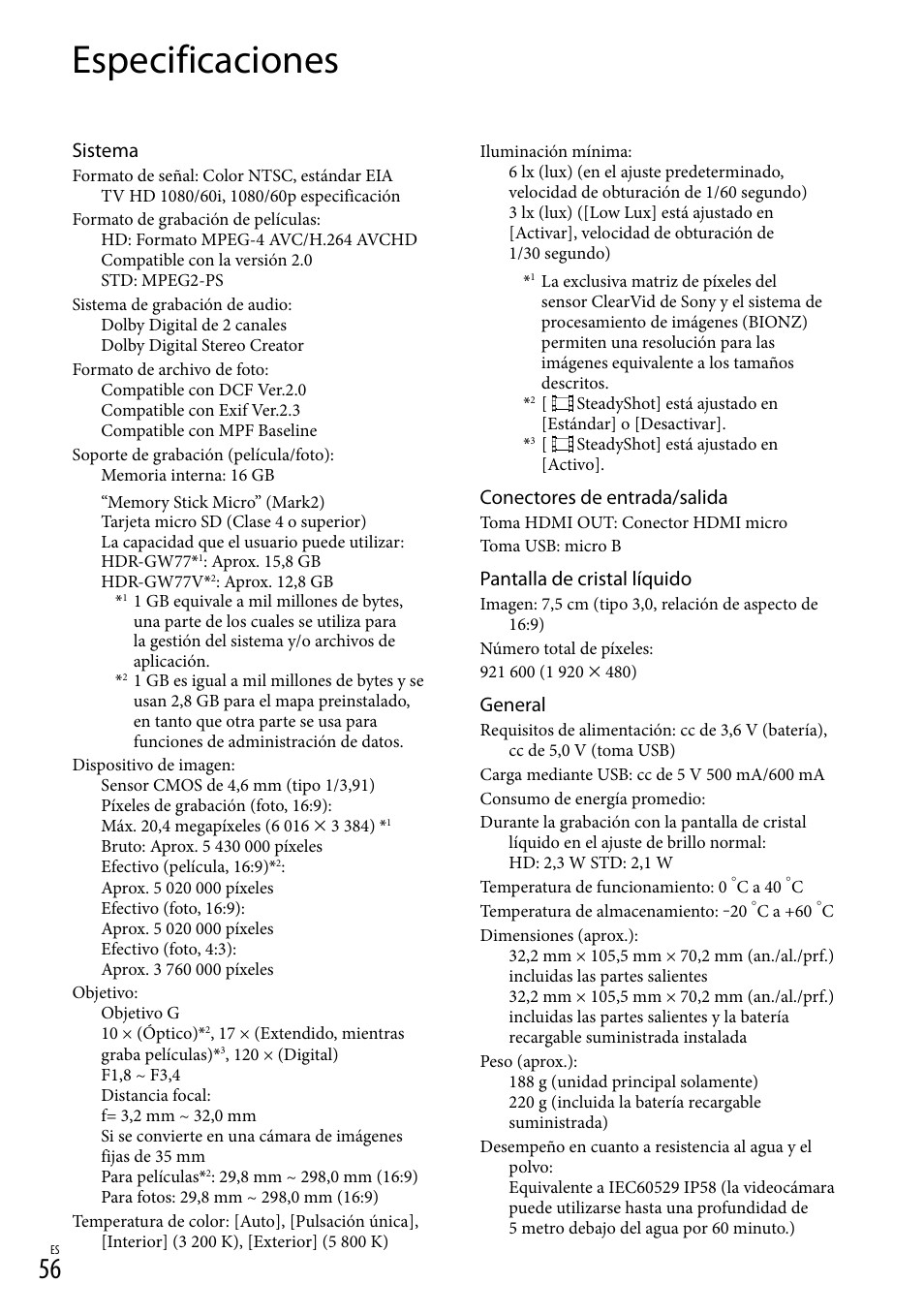 Especificaciones, Sistema, Conectores de entrada/salida | Pantalla de cristal líquido, General | Sony HDR-GW77V User Manual | Page 120 / 199