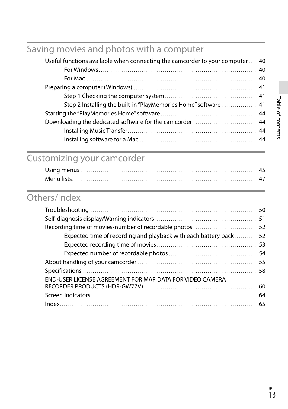 Saving movies and photos with a computer, Customizing your camcorder, Others/index | Sony HDR-GW77V User Manual | Page 13 / 199