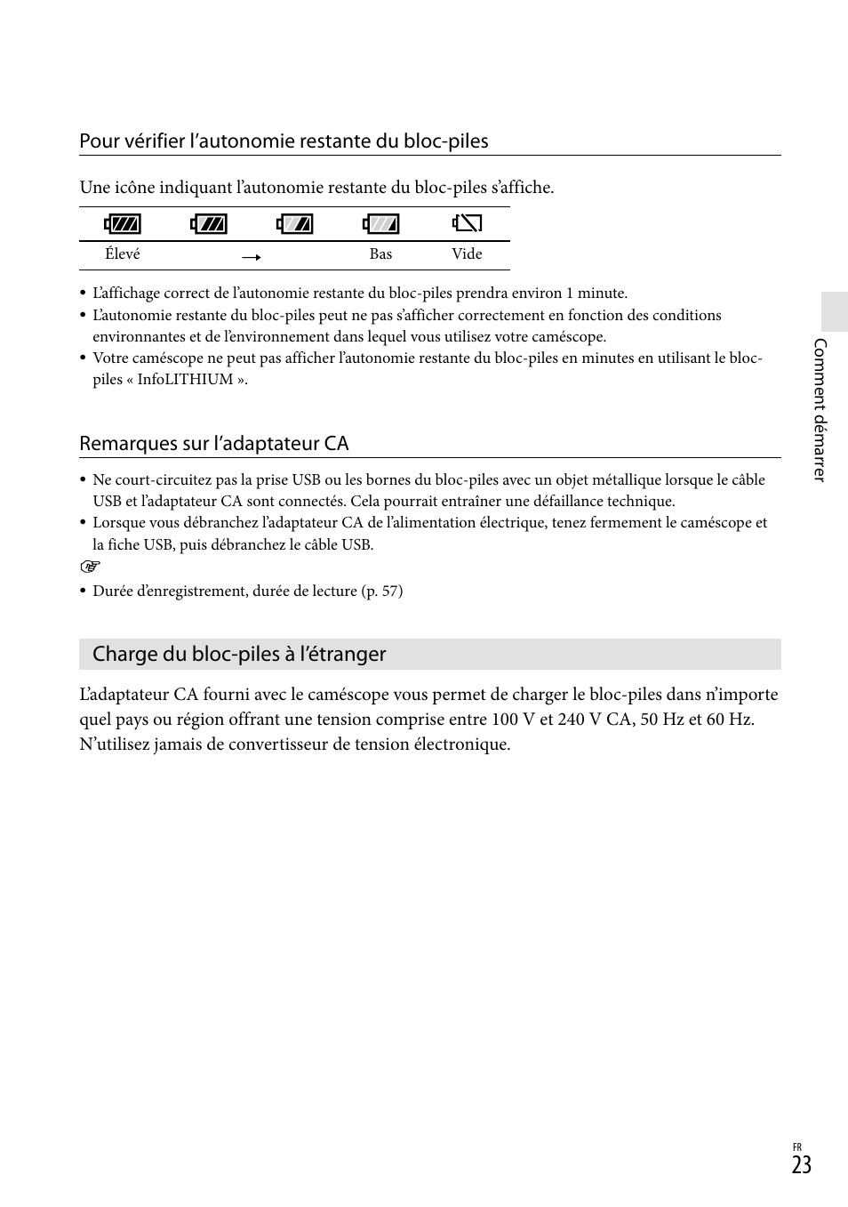 Charge du bloc-piles à l’étranger, Pour vérifier l’autonomie restante du bloc-piles, Remarques sur l’adaptateur ca | Sony HDR-GW77V User Manual | Page 151 / 199