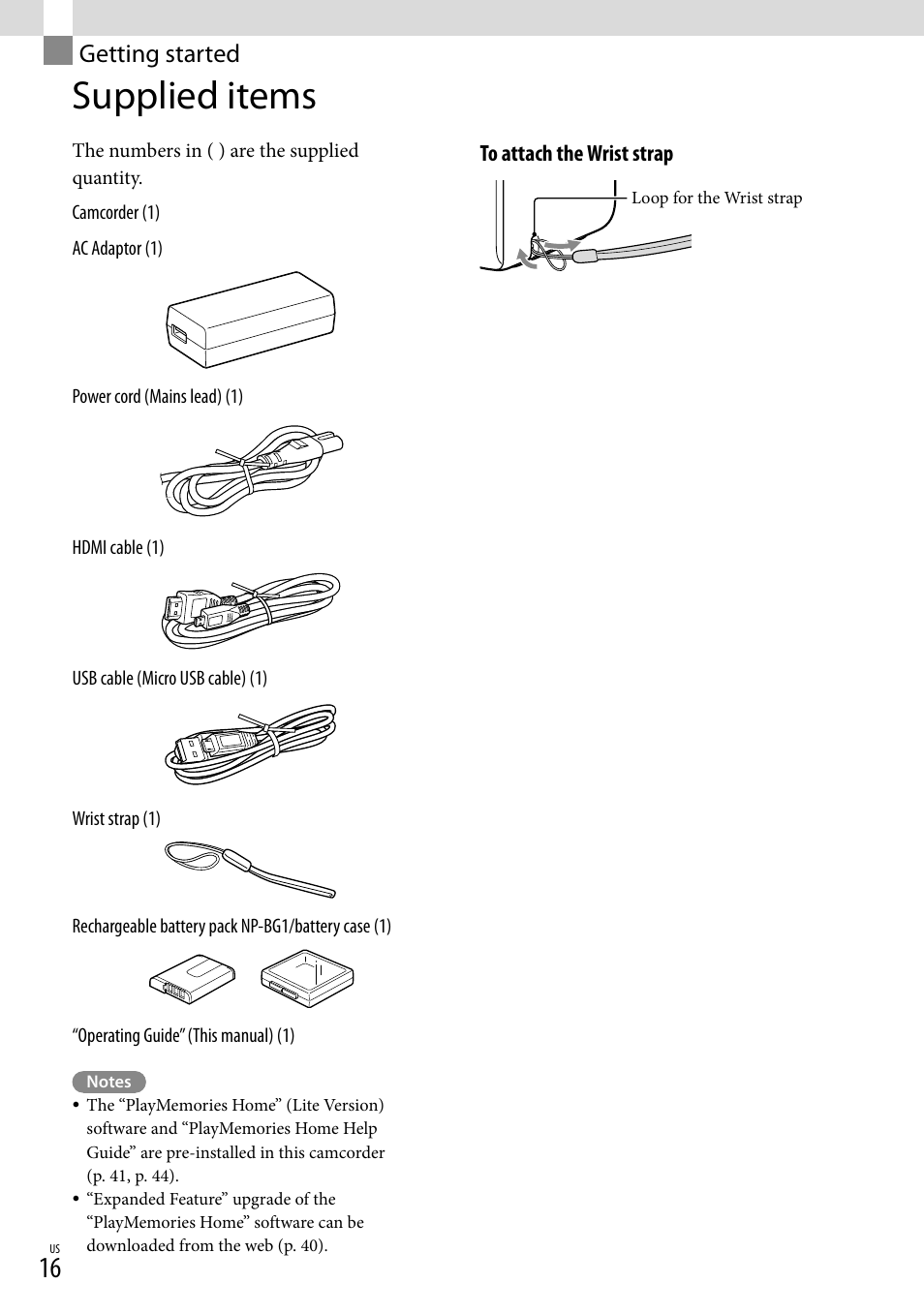 Getting started, Supplied items | Sony HDR-GW77V User Manual | Page 16 / 199