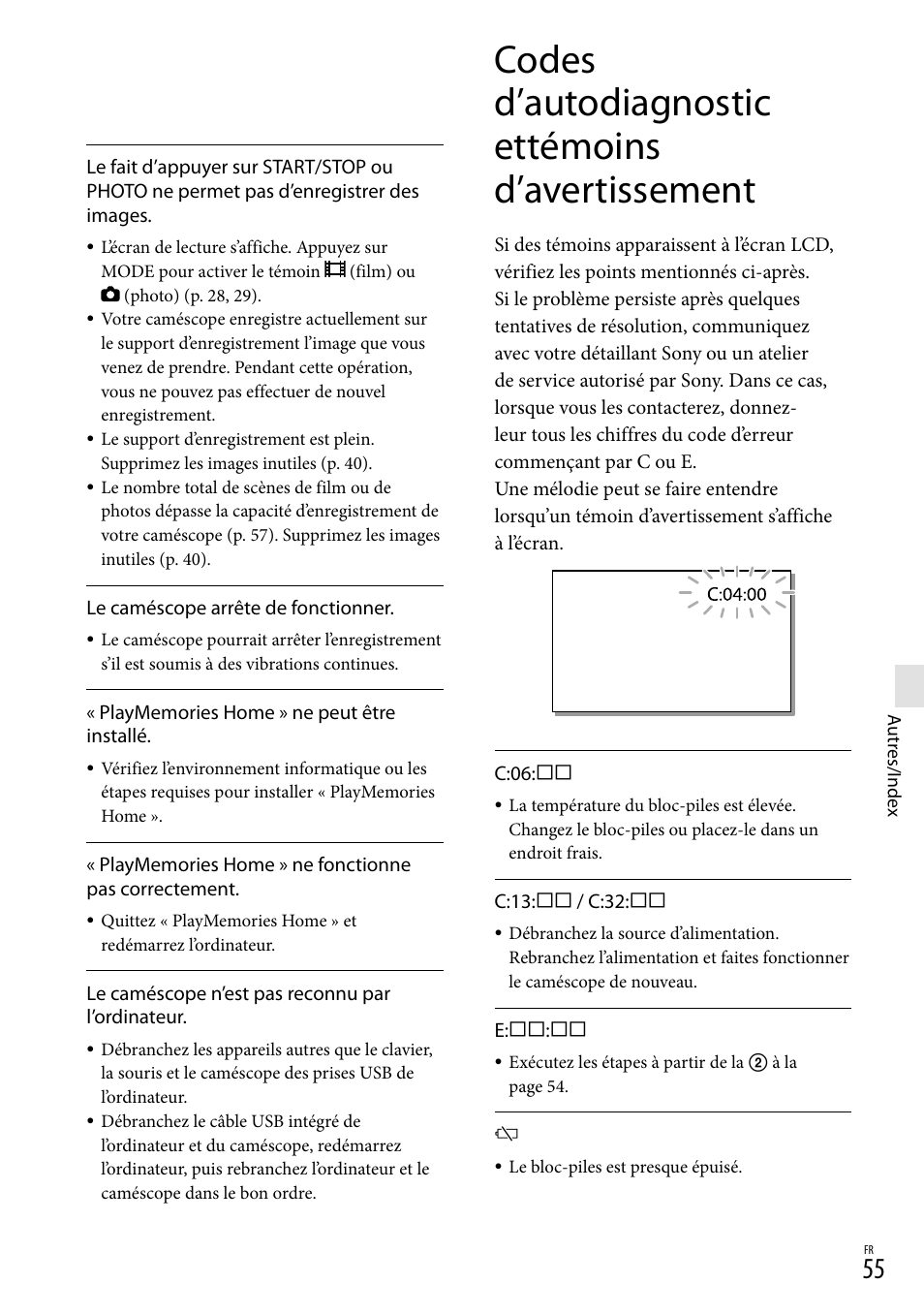 Codes d’autodiagnostic ettémoins d’avertissement | Sony HDR-GW77V User Manual | Page 183 / 199