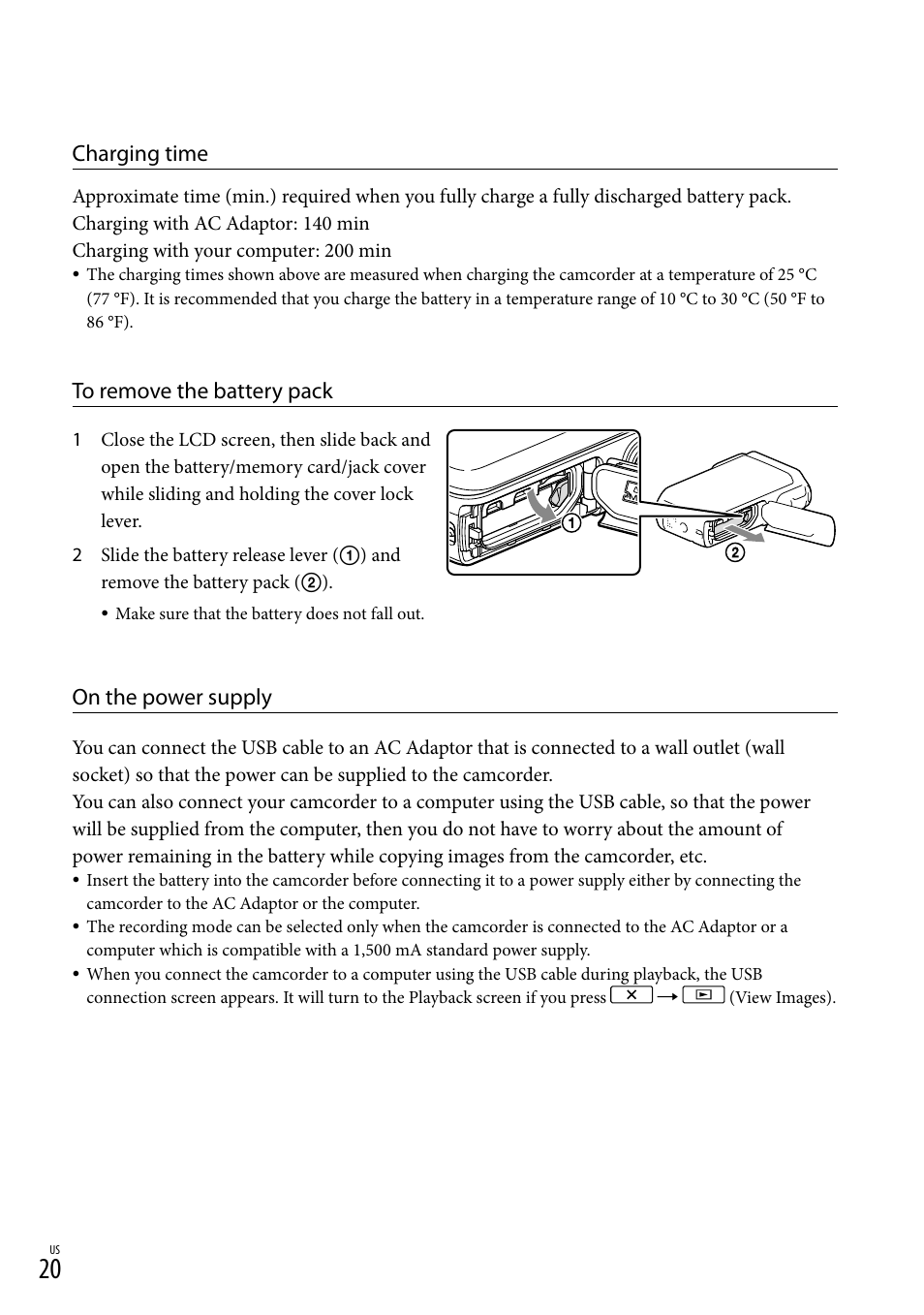 Charging time, On the power supply | Sony HDR-GW77V User Manual | Page 20 / 199