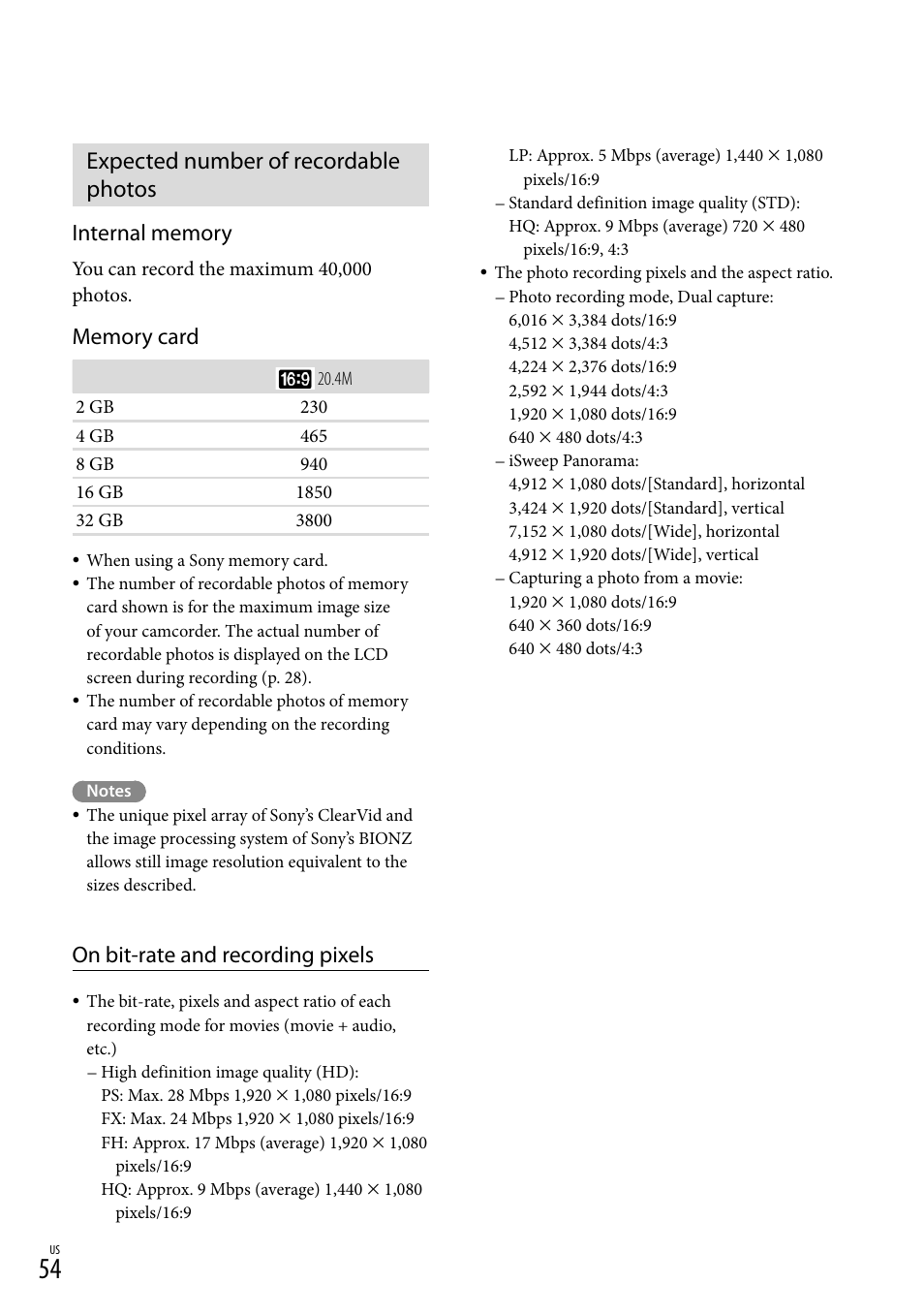 Expected number of recordable photos, On bit-rate and recording pixels | Sony HDR-GW77V User Manual | Page 54 / 199