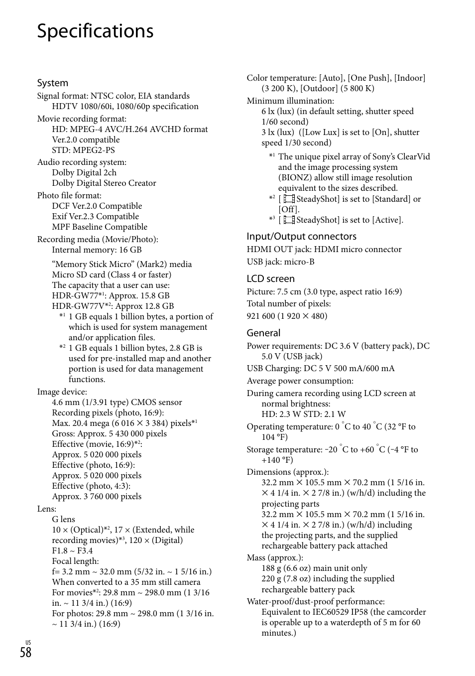 Specifications, System, Input/output connectors | Lcd screen, General | Sony HDR-GW77V User Manual | Page 58 / 199