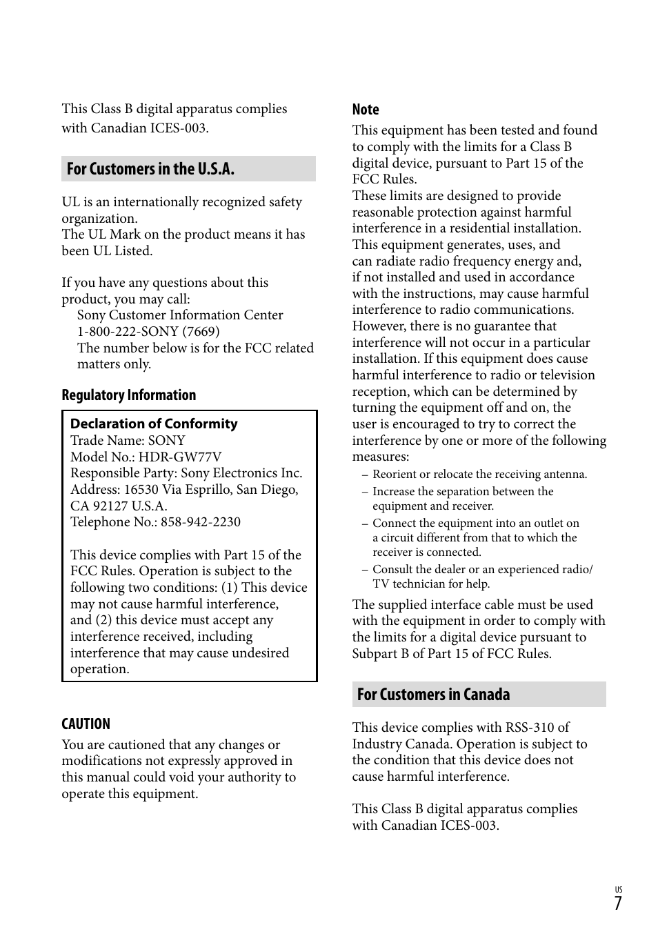 For customers in the u.s.a, For customers in canada | Sony HDR-GW77V User Manual | Page 7 / 199