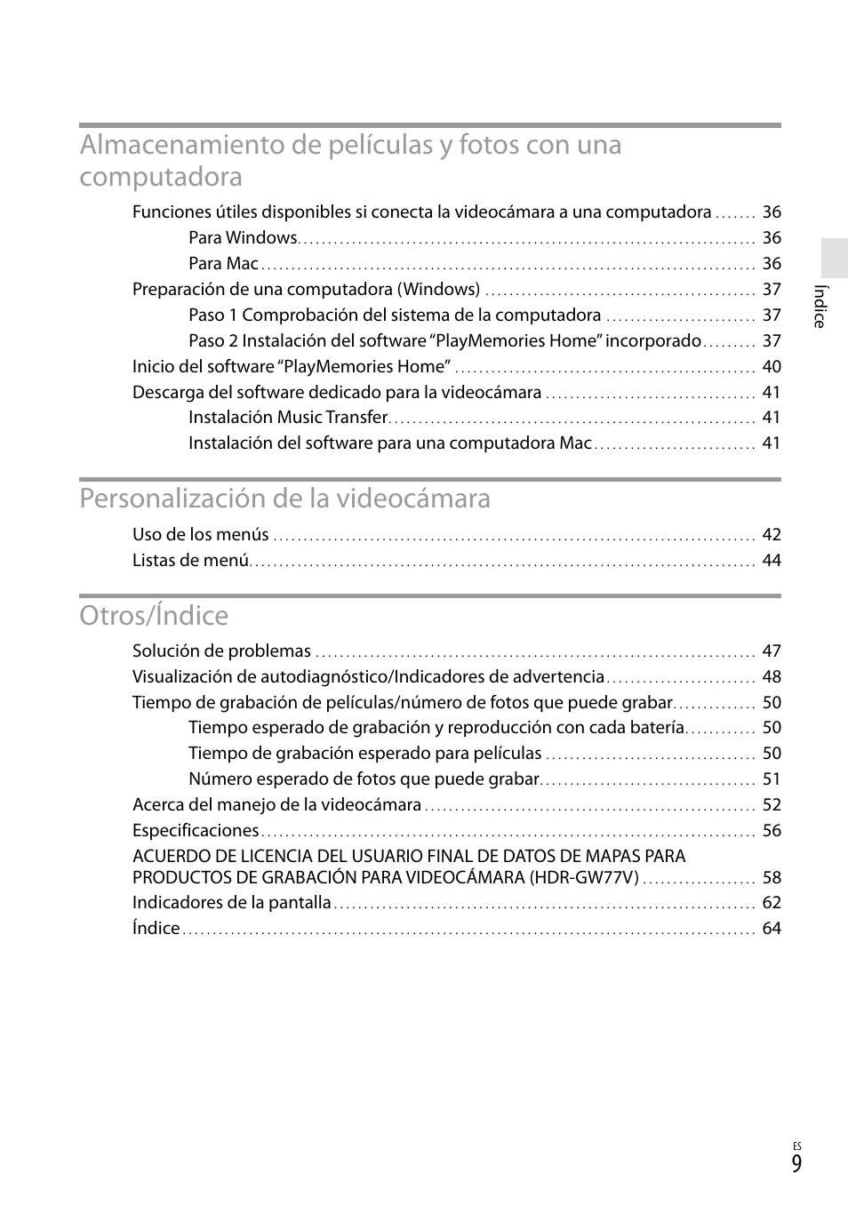 Personalización de la videocámara, Otros/índice | Sony HDR-GW77V User Manual | Page 73 / 199