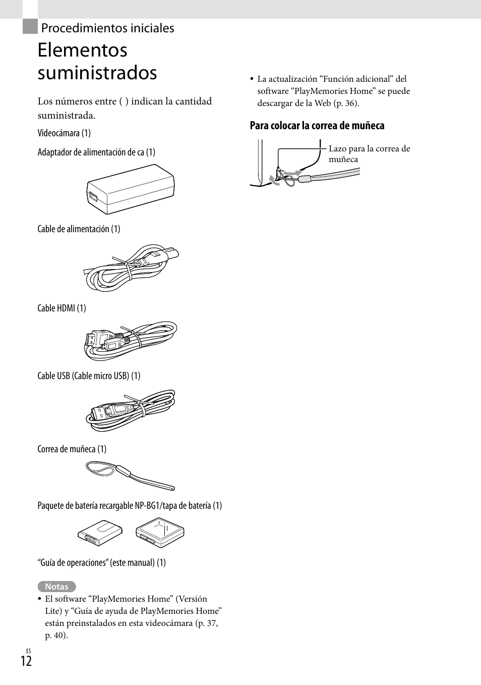 Procedimientos iniciales, Elementos suministrados | Sony HDR-GW77V User Manual | Page 76 / 199