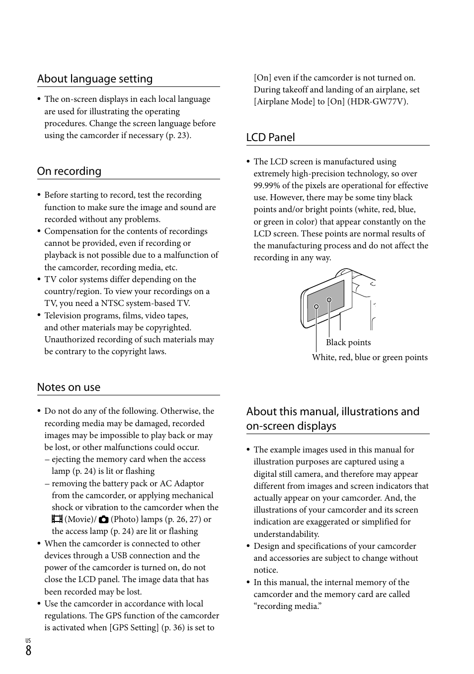 About language setting, On recording, Lcd panel | Sony HDR-GW77V User Manual | Page 8 / 199