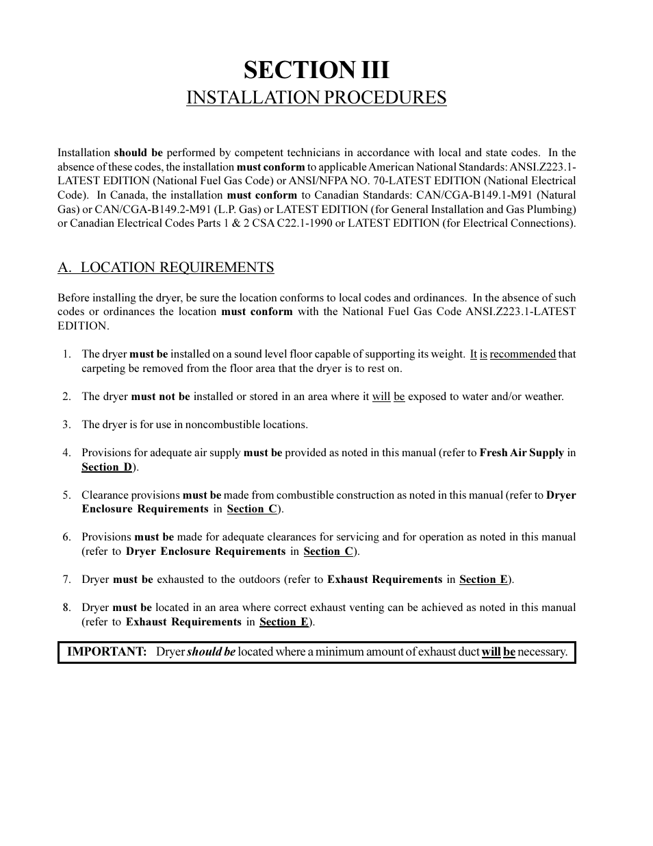 Installation procedures | American Dryer Corp. MLG-130DR (HSI) User Manual | Page 14 / 45