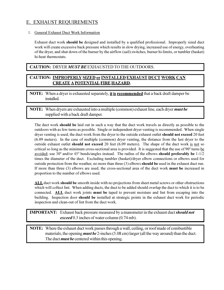 E. exhaust requirements | American Dryer Corp. MLG-130DR (HSI) User Manual | Page 19 / 45