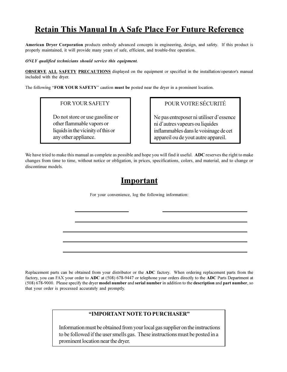 Important, Mlg-130dr | American Dryer Corp. MLG-130DR (HSI) User Manual | Page 2 / 45