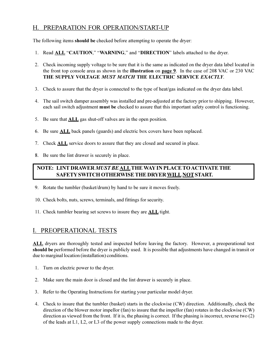 H. preparation for operation/start-up, I. preoperational tests | American Dryer Corp. MLG-130DR (HSI) User Manual | Page 31 / 45