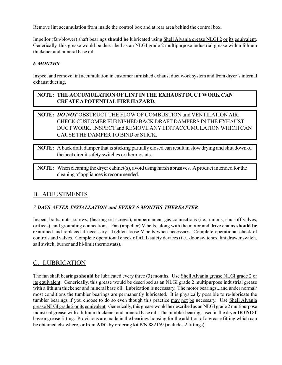 B. adjustments, C. lubrication | American Dryer Corp. MLG-130DR (HSI) User Manual | Page 39 / 45