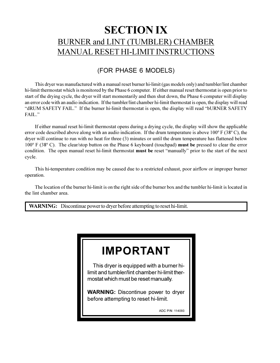 Important | American Dryer Corp. MLG-130DR (HSI) User Manual | Page 44 / 45