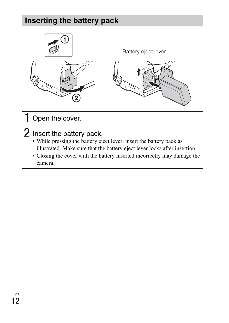 Inserting the battery pack | Sony DSC-RX10 User Manual | Page 12 / 120