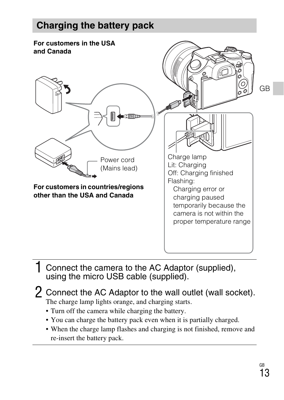 Charging the battery pack | Sony DSC-RX10 User Manual | Page 13 / 120